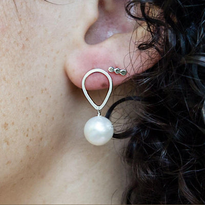 Teardrop Stud with Hanging Pearl Earrings - Sterling Silver-Cameron Kruse